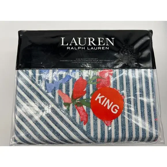 Ralph Lauren Maggie Floral Stripe 3Pc Cotton Duvet Cover Sham Set Blue King NWT. - Picture 8 of 12